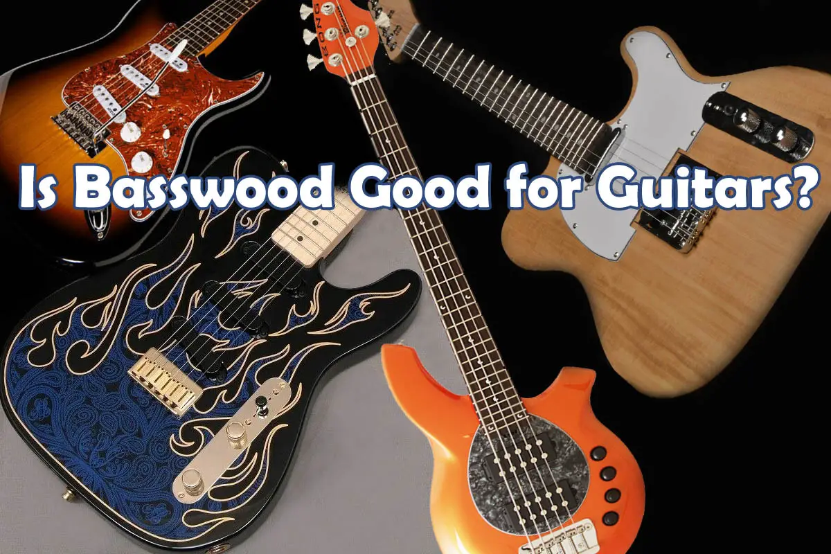 Three basswood electric guitars and one bongo bass guitar arranged with necks facing toward a single point
