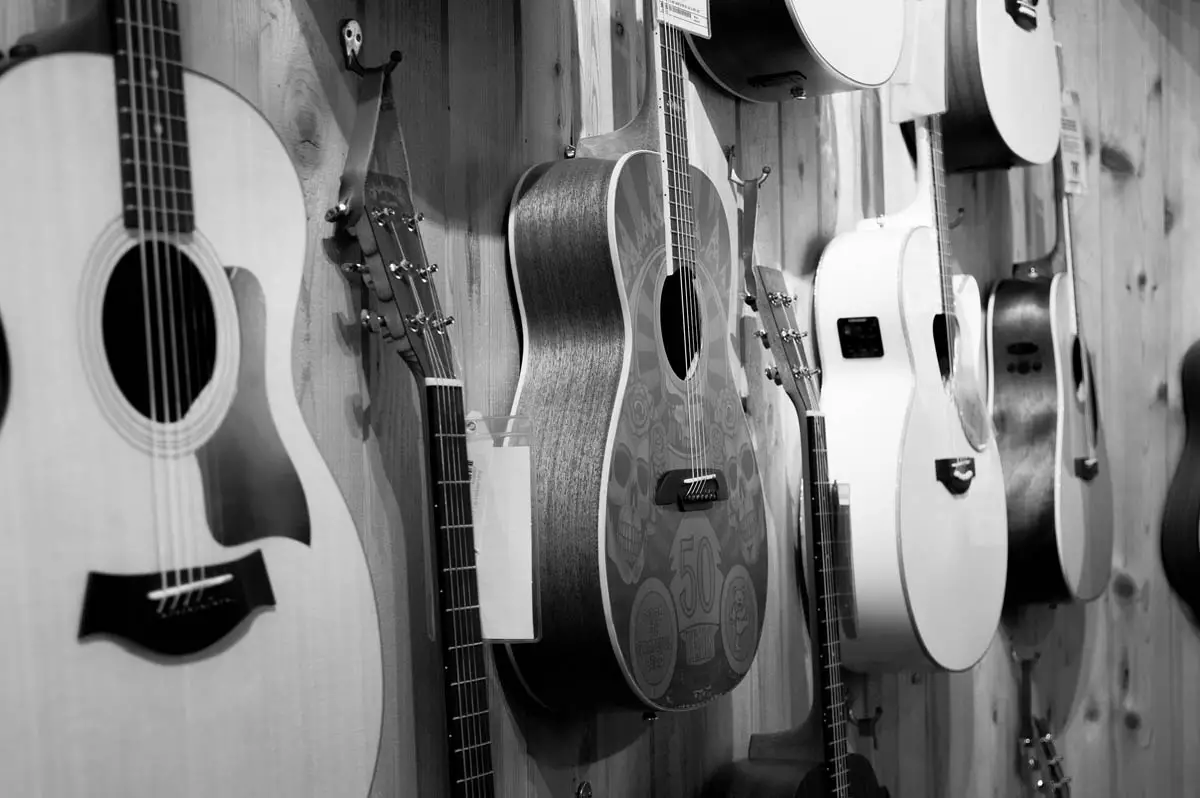 Acoustic guitars on wall
