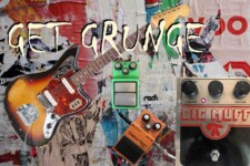 Grunge background with electric guitar & pedals