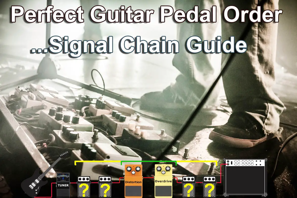 Guitar effects chain pedalboard with band live onstage