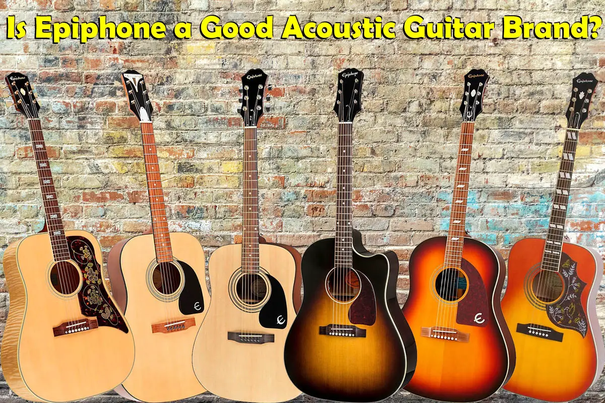 Epiphone acoustic guitars in front of brick wall