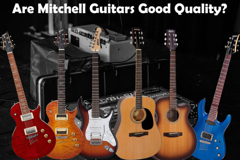 Mitchell electric and acoustic guitars on b&w background