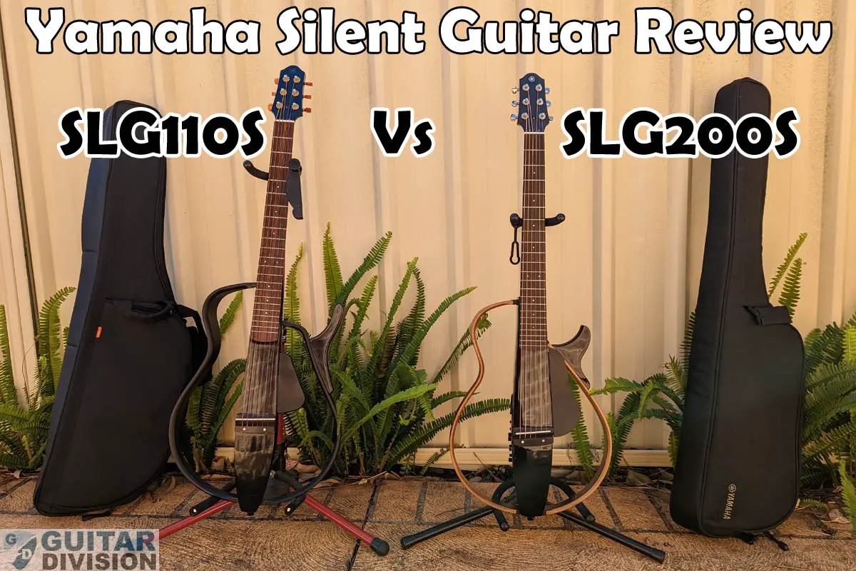 Yamaha SLG110s and SLG200S silent guitars on stands with gig bags