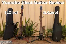 Yamaha silent guitars on stands with gig bags