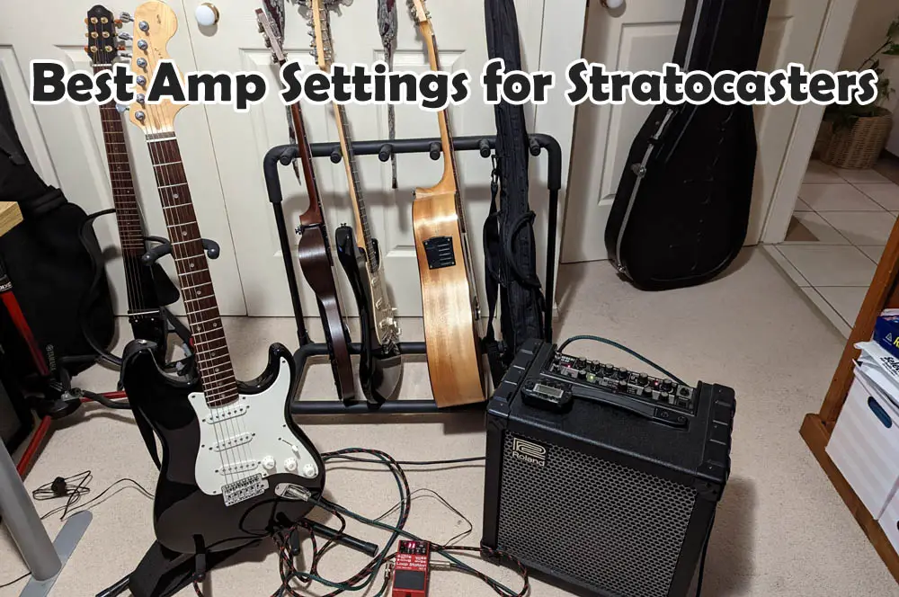 Black stratocaster with amplifier in front of a rack of guitars