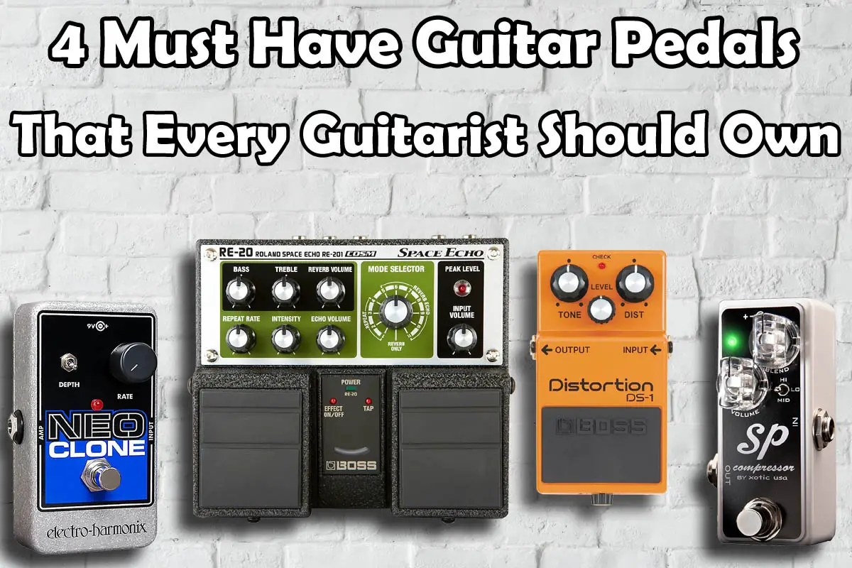 Four guitar effects pedals in front of white painted brick wall