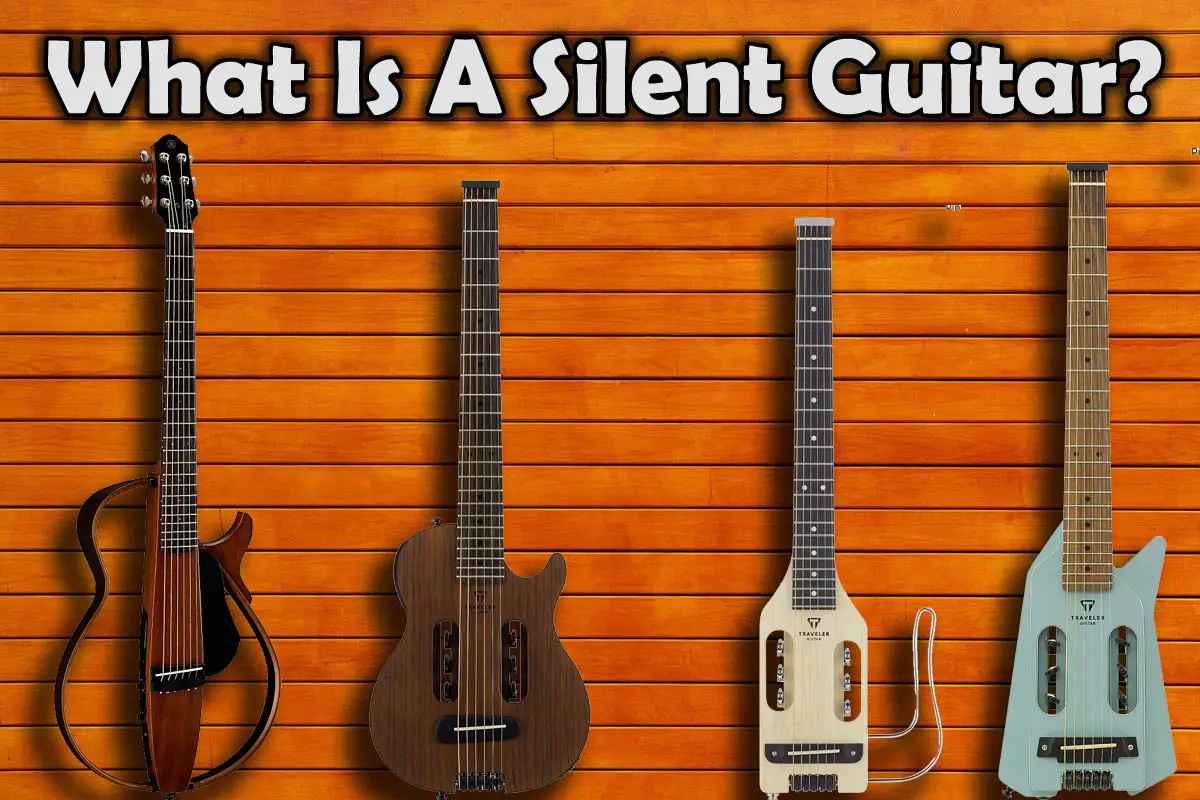 Four silent guitars in front of tan stained timber decking