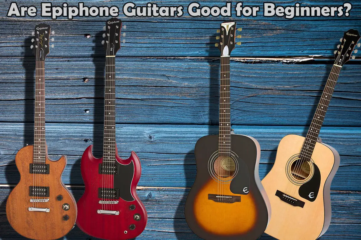 Two Epiphone electric and acoustic guitars on blue-wash wood background