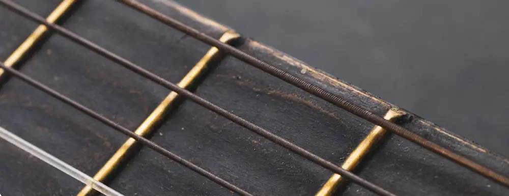 Closeup image of guitar neck with rusted strings